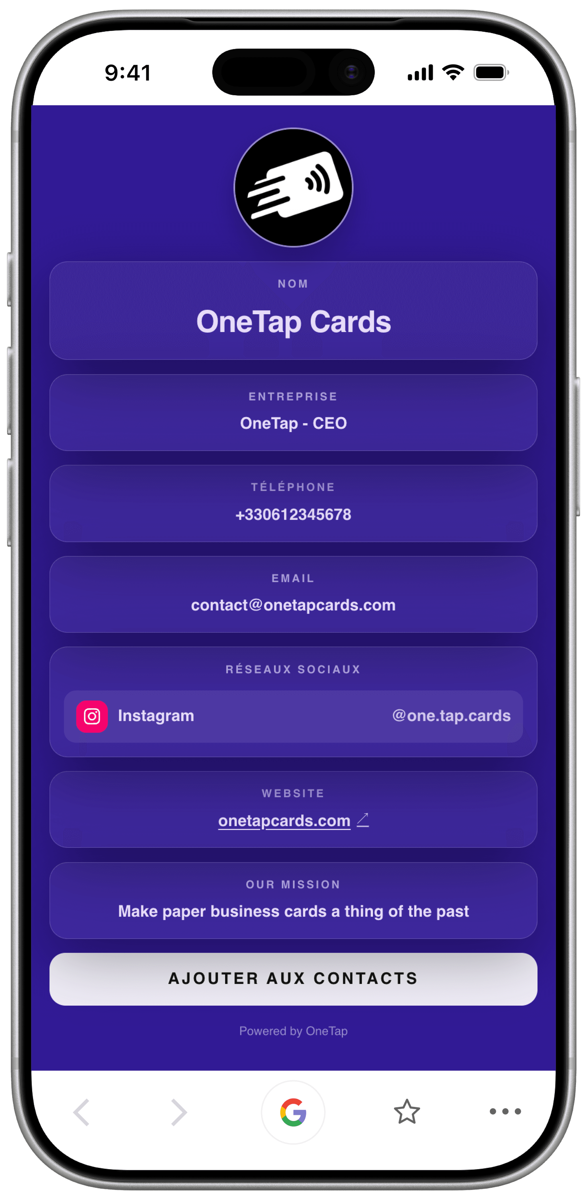 Aperçu de la carte OneTap sur iPhone